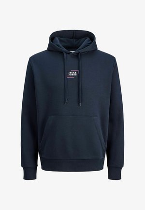 Tengerészkék kapucnis pulóver pamut keverék anyagból, elülső zsebbel, rugalmas mandzsettákkal és négyzet alakú logófolttal a mellkason.