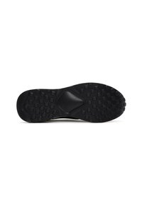 Black rubber sole with textured grip pattern and a rounded toe. Designed for durability, featuring a cushioned area at the center.
