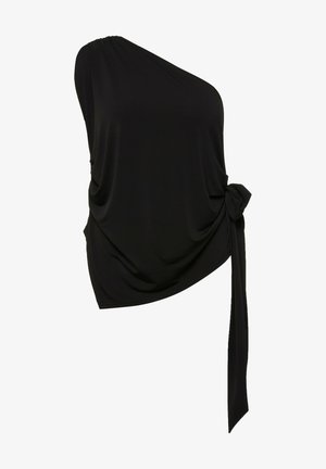 Schwarzes Top mit einem schulterfreien Design, aus weichem Stoff gefertigt, mit einem gerafften Design und einem gebundenen Akzent an der Seite für zusätzliche Details.