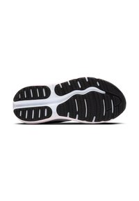 Zwart sportief schoenzool met getextureerd rubber voor grip, met een centrale groef en witte accenten aan de zijkanten voor flexibiliteit.