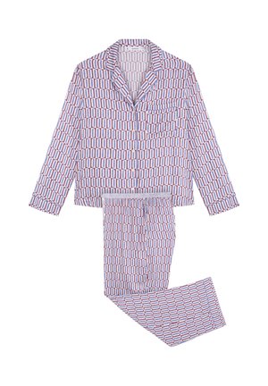 Baumwoll-Pyjama-Set mit geometrischem Muster in Rot und Blau. Das Oberteil hat einen Kragen, Knopfverschlüsse und eine Brusttasche. Die Hose hat einen elastischen Bund.