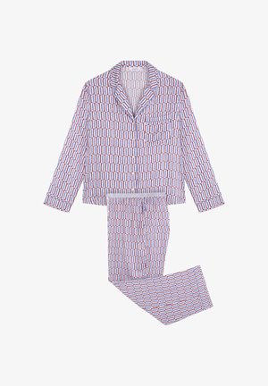 Ensemble de pyjama en coton avec un motif géométrique rouge et bleu. Le haut est doté d'un col, de fermetures à boutons et d'une poche poitrine. Le pantalon a une taille élastique.