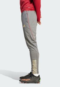 Pantalones deportivos grises con cremalleras laterales rosas, acentos dorados y el diseño de las tres rayas en la parte baja de la pierna, combinados con botas de fútbol negras.