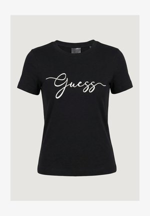 T-shirt noir à manches courtes avec le logo "Guess" blanc en cursive centré sur le devant, doté d'un col rond.