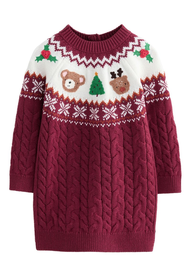 Robe-pull enfant en maille torsadée grenat avec empiècement blanc présentant des motifs d'ours, sapin de Noël, renne, houx et flocons de neige.