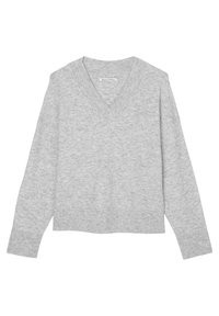 Maglione grigio a scollo a v con orlo e polsini a costine. Realizzato in tessuto morbido, presenta una vestibilità rilassata e maniche lunghe. Design minimale, senza pattern.