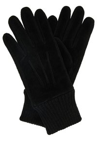 Gants noirs en matière suédée douce, dot�és d'un poignet en tricot. La paume présente des accents de couture subtils et une forme élégante et épurée.