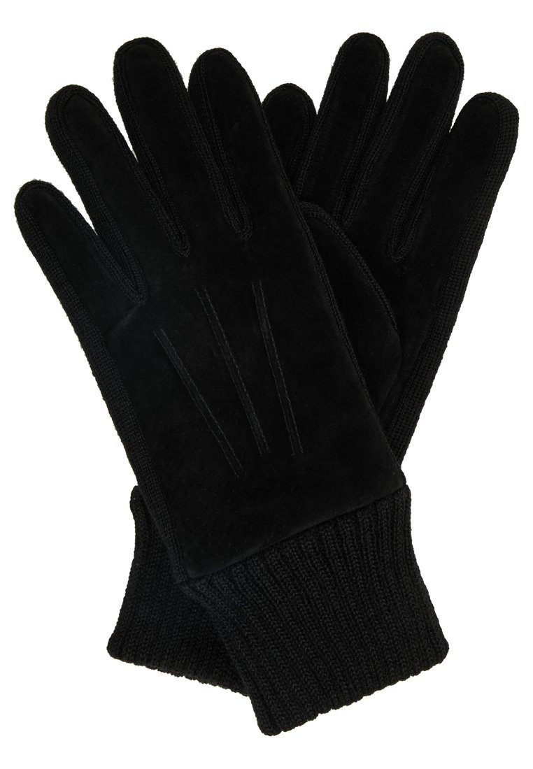 Gants noirs en matière suédée douce, dotés d'un poignet en tricot. La paume présente des accents de couture subtils et une forme élégante et épurée.