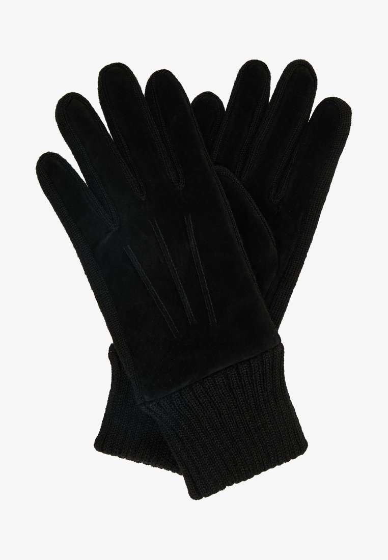 Black gloves made of soft suede material, featuring a knitted cuff. The palm has subtle stitching accents and a sleek, streamlined shape.
