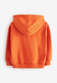 Hoodie in cotone arancione con tasca a marsupio, polsini e orlo ribattuti, e cappuccio regolabile con cordino. Texture liscia e design casual.