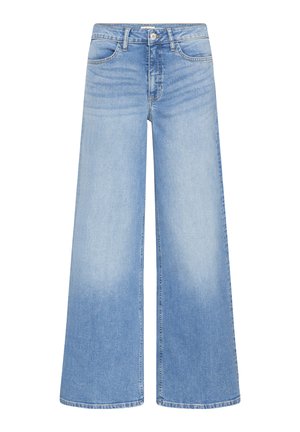 Svijetloplave traperice širokih nogavica s visokim strukom, prednjim kopčanjem na gumbe, patentnim zatvaračem i dizajnom s pet džepova.