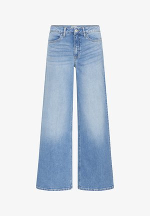 Svetlo modre široke kavbojke z visokim pasom, sprednjo sponko, zadrgo in zasnovo s petimi žepi.