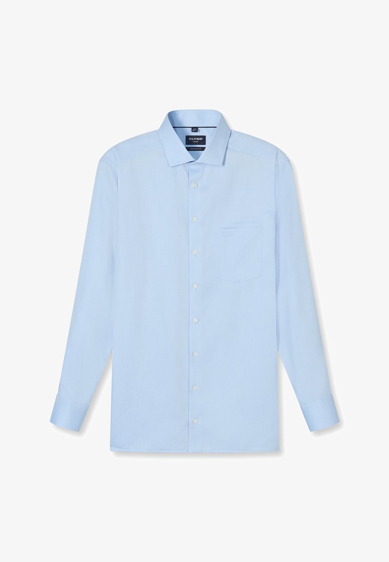 Light blue long-sleeve men's dress shirt with pointed collar, front pocket, and white buttons in a modern fit style.