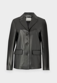 Blazer in finta pelle nera con rever a punte, chiusura frontale con quattro bottoni e due tasche frontali. Texture liscia e forma sagomata.