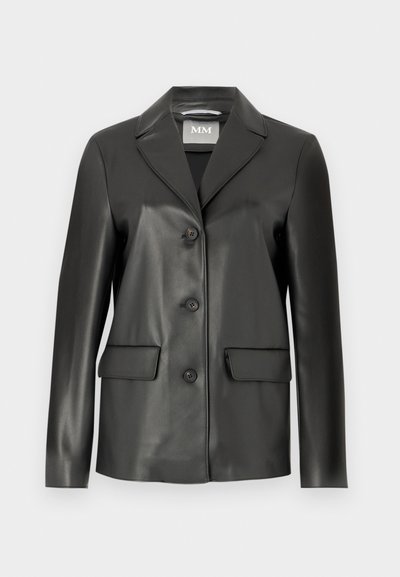 Black faux leather blazer with a notched lapel, four button front, and two front pockets. Smooth texture and tailored shape.