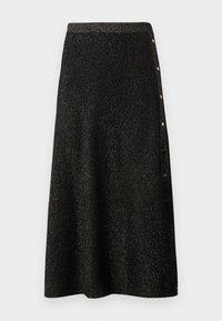 Falda midi negra con un sutil brillo, que presenta una cinturilla ajustada y una fila de botones decorativos a lo largo del costado.
