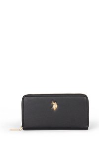 Portafoglio in pelle nera con finitura testurizzata, dettagli in hardware dorato e logo. Presenta una chiusura a zip e una forma rettangolare.