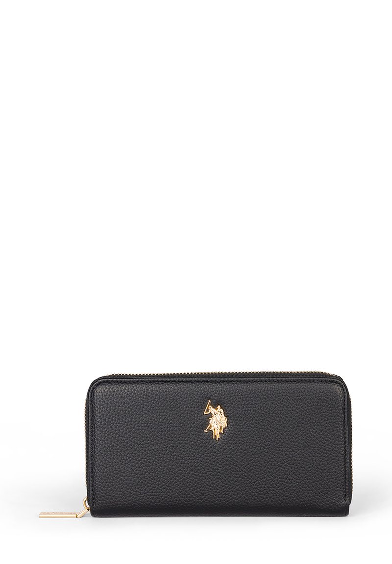 Portafoglio in pelle nera con finitura testurizzata, dettagli in hardware dorato e logo. Presenta una chiusura a zip e una forma rettangolare.