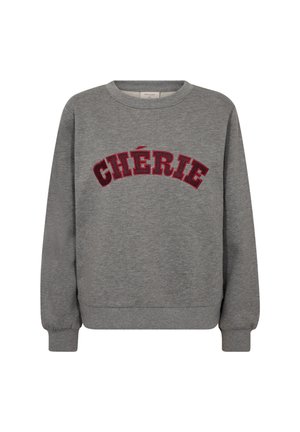 Grey crewneck sweatshirt with long sleeves and red varsity-style text "CHÉRIE" across the chest.