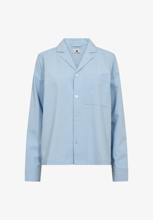 Hellblaues langärmeliges Hemd mit Knopfleiste, taschen Details und strukturiertem Stoff. Merkmale einen klassischen Kragen und geraden Schnitt.