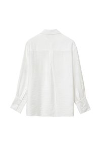 Camicia bianca a maniche lunghe con tessuto testurizzato. Presenta un colletto e polsini con bottoni, un design posteriore dritto e senza motivi.