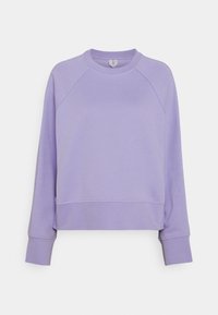 Sudadera de cuello redondo en lavanda claro, fabricada con un tejido suave. Presenta mangas raglán y un dobladillo recortado con puños de milano.