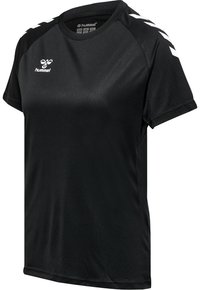 Black short-sleeve sports shirt with white hummel logo on chest and white chevron stripes on shoulders, crew neckline.