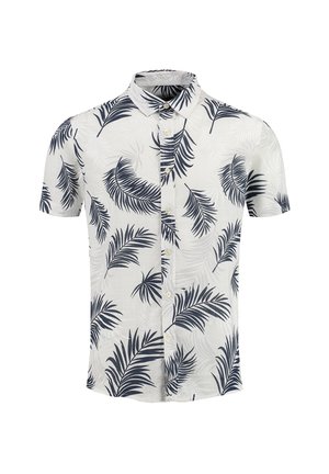 Short-sleeved shirt made of lightweight fabric, featuring a white base with navy blue palm leaf patterns and a button-up front.