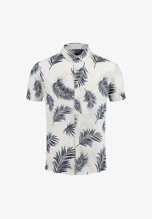 Korte mouwen shirt van lichtgewicht stof, met een witte basis en marineblauwe palmbladpatronen en een knoopsluiting aan de voorkant.