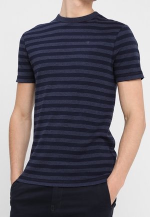 T-paita, jossa on lyhyet hihat ja tummansinisiä vaakaraitoja, pyöreä kaula-aukko ja tiukka istuvuus. Kankaan pinta näyttää sileältä ja joustavalta.