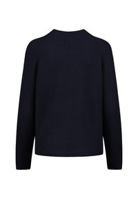 Námořnická modrá vroubkovaná svetr s dlouhými rukávy, s kulatým výstřihem a hladkým povrchem. Jednoduchý, minimalistický design bez ozdob.