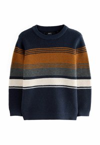 Sweter dziany z granatowym tłem i poziomymi paskami w kolorze pomarańczowym, szarym i białym. Żebrowany okrągły dekolt i mankiety. Teksturowana tkanina.
