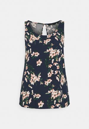 Hihaton laivastonsininen toppi, jossa on vaaleanpunainen ja valkoinen kukkakuvio, pyöreä pääntie ja takana nappikiinnitteinen avainreikädetaili.