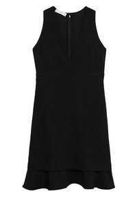 Robe noire sans manches avec décolleté en V, taille cintrée et ourlet volanté évasé. Confectionnée en tissu texturé, elle possède une fermeture éclair au dos.