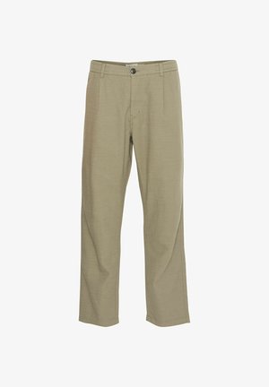 Beige byxor med rak benform, texturerad tyg, framfickor och en enda knäppning.