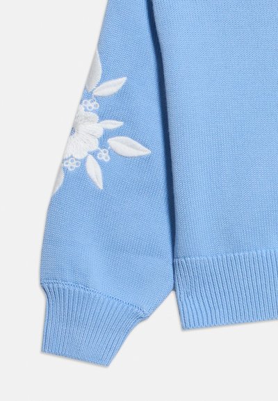 Μανίκι ελαφρώς γαλάζιου πλεκτού πουλόβερ με λευκή κεντητή ανθισμένη διακόσμηση και λεπτομέρειες με ριμπ μανσέτα και τελείωμα.