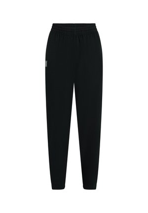 Schwarze, konisch zulaufende Jogginghosen mit elastischem Bund und Bündchen, ausgestattet mit einem kleinen Logoschild an der linken Hüfte.