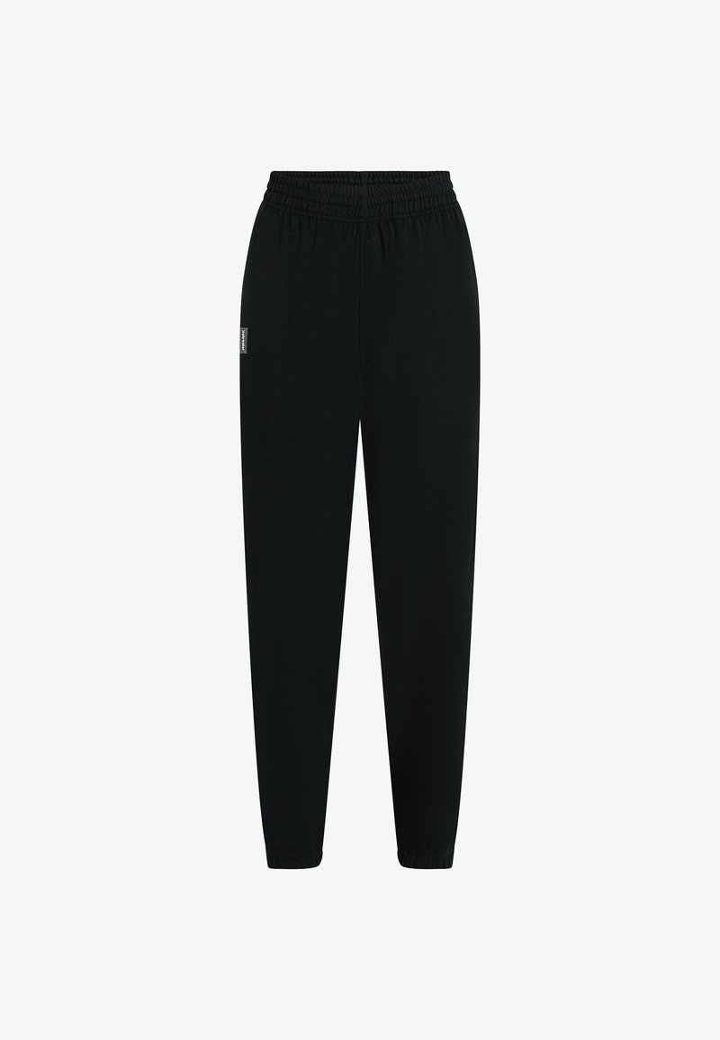 Schwarze, konisch zulaufende Jogginghosen mit elastischem Bund und Bündchen, ausgestattet mit einem kleinen Logoschild an der linken Hüfte.
