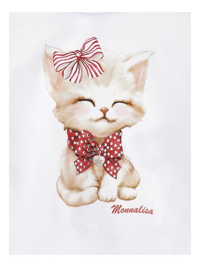 Tela blanca con una ilustración de un gato lindo, adornado con un lazo a rayas rojas y blancas y un gran lazo de lunares rojos con rhinestones, con el texto "Monnalisa".