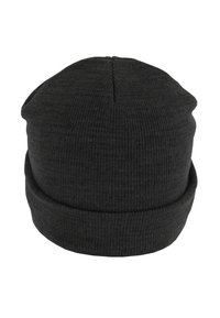 Dark gray knit beanie hat with a rounded top and folded cuff, featuring a ribbed texture throughout.