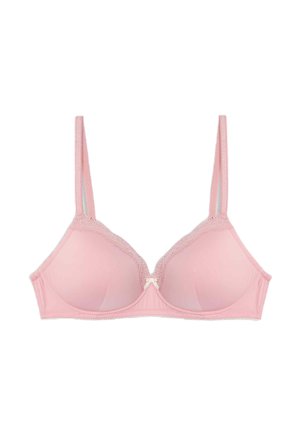 Rosa Unterwire-BH mit Spitzenbesatz an den oberen Kanten, glatten Cups und verstellbaren Trägern. Verfügt über einen kleinen Metallverschluss in der Mitte vorne.