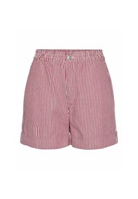 Pantaloni corti a righe rosse e bianche con una vestibilità comoda, cintura elastica e orli arrotolati. Realizzati in tessuto leggero con una consistenza liscia.
