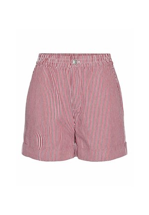 Rdeče in bele kratke hlače z sproščenim fitom, elastičnim pasom in navitki. Narejene iz lahkega blaga z gladko teksturo.