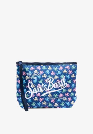 Bolsa azul marino con cremallera, con patrón de pulpos en tonos pastel y texto blanco que dice "El lugar para estar Saint Barth Summer Paradise."