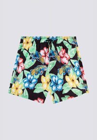 Costumi da bagno neri con un motivo floreale che presenta fiori di ibisco blu, gialli e rossi, foglie verdi e un laccio in vita regolabile.