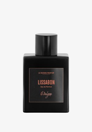 Schwarze quadratische Parfümflasche mit runder schwarzer Kappe. Das Etikett zeigt "LISSABON" in orangem Text, mit "Eau de Parfum" und "le Duigou."