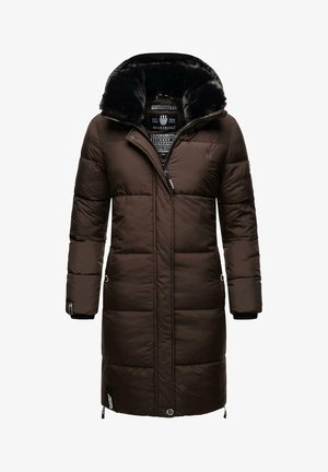 Brun puffer-jakke med hette med faux pels-for, glidelås foran og sidelommer. Har et quiltet design og elastiske mansjetter.