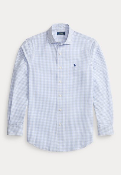 Φωτεινό μπλε και λευκό καρό μακρυμάνικο πουκάμισο με γιακά και μπλε κεντημένο λογότυπο Polo Ralph Lauren στο στήθος.