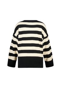 Pull en maille rayé noir et crème, coupe ample, manches larges et encolure arrondie. Texture douce et contraste de couleurs audacieux.