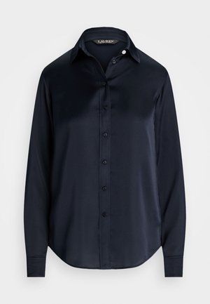 Navyblaues, langärmliges Hemd mit Knöpfen aus weichem, glattem Material, klassischem Kragen und abgerundetem Saum; mit passenden Knöpfen.